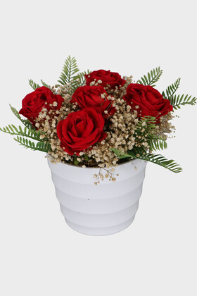 Yapay Çiçek Deposu - Melamin Saksıda Kadife Güllü Sevgililer Günü Çiçeği