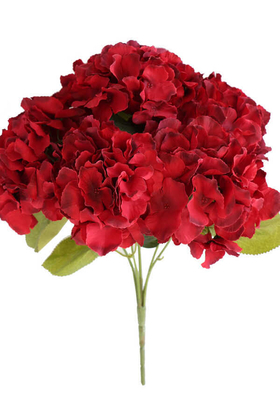 Yapay Çiçek Deposu - Yapay Çiçek Büyük Lüx 5 Dal Ortanca Demeti Koyu Kırmızı