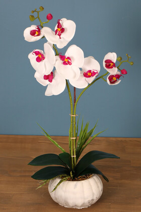 Yapay Çiçek Deposu - Dekoratif 2li Mini Yapay Islak Orkide Tanzimi Beyaz-Fuşya 45 cm