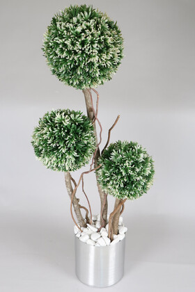 Yapay Çiçek Deposu - Metal Gri Saksıda Yapay 3lü Top Şimşir Defne Ağaç 150 cm Yeşil-Beyaz
