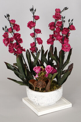 Yapay Çiçek Deposu - Altlıklı Beton Saksida Mini Kayısı Güllü Masa Çiçeği 35 cm Fuşya