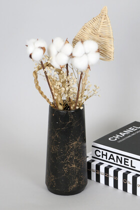 Yapay Çiçek Deposu - Mermer Desenli Lüks Vazoda Tropikal Pamuk Dalı Aranjmanı 40 cm Mızrak