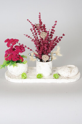 Yapay Çiçek Deposu - Mermer Desenli Tepsili Yapay Kuru Çiçek Tanzimi 3lü Set Model 3