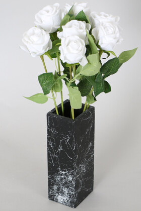 Yapay Çiçek Deposu - Mermer Desenli Siyah Vazoda 7 Dallı Kadife Gül Demeti Beyaz 40 Cm