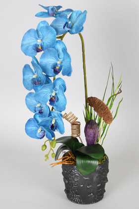 Yapay Çiçek Deposu - Vintage Kabartmalı Saksıda Islak Etli Dokuda Yapay Orkide 55 cm Deniz Mavisi