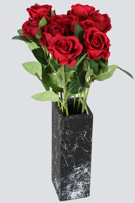 Yapay Çiçek Deposu - Mermer Desenli Siyah Vazoda 9 Dallı Kadife Gül Demeti Kırmızı 40 Cm