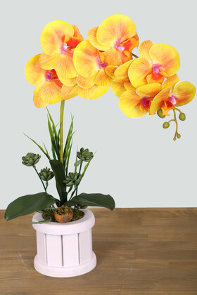 Yapay Çiçek Deposu - Oval Renkli Ahşap Saksıda Tek Dal Orkide Aranjmanı 55 cm Turuncu