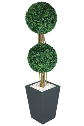 Yapay Çiçek Deposu - Ahşap Mdf Saksıda Yapay 2li Top Şimşir Ağacı 150 cm