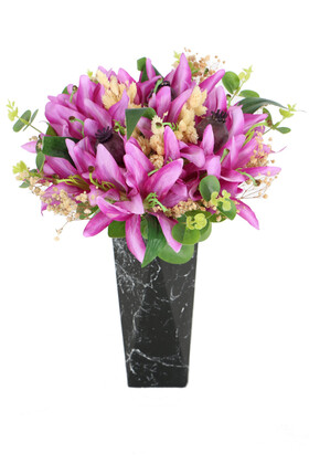 Yapay Çiçek Deposu - Mermer Desenli Prizmatik Siyah Vazoda Yapay Lilyum 34 cm (Tiara)