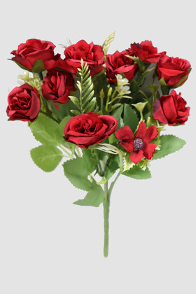 Yapay Çiçek Deposu - Yapay Yeşillikli Gül Demeti 30 cm Kırmızı