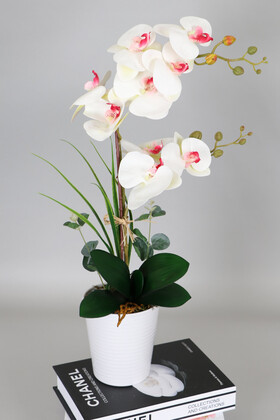 Yapay Çiçek Deposu - Mika Saksıda 2li Nismo Yapay Islak Orkide Tanzimi Beyaz-Pembe 60 cm