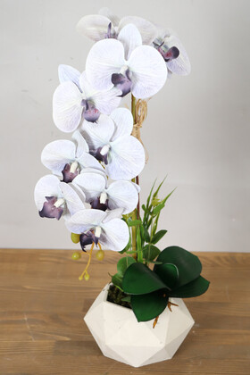 Yapay Çiçek Deposu - Beton Saksıda Yapay Baskılı Islak Orkide 55 cm Gri Mor