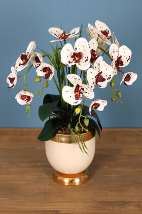Yapay Çiçek Deposu - Metal Krem Gold Saksıda 4 Dal Yapay Orkide Aranjmanı Beyaz Mor Benekli