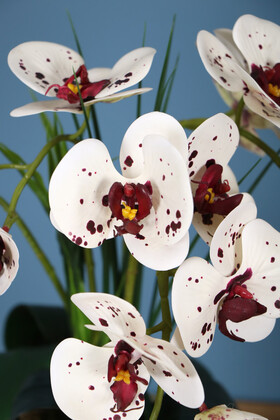 Metal Krem Gold Saksıda 4 Dal Yapay Orkide Aranjmanı Beyaz Mor Benekli - Thumbnail