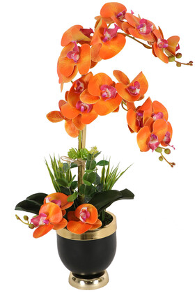 Yapay Çiçek Deposu - Metal Siyah-Gold Saksıda Yapay Orkide Aranjmanı Turuncu