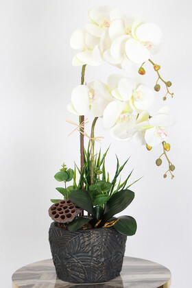 Yapay Çiçek Deposu - Vintage Kabartmalı Saksıda Yapay Orkide Tanzimi 65 cm Borneo