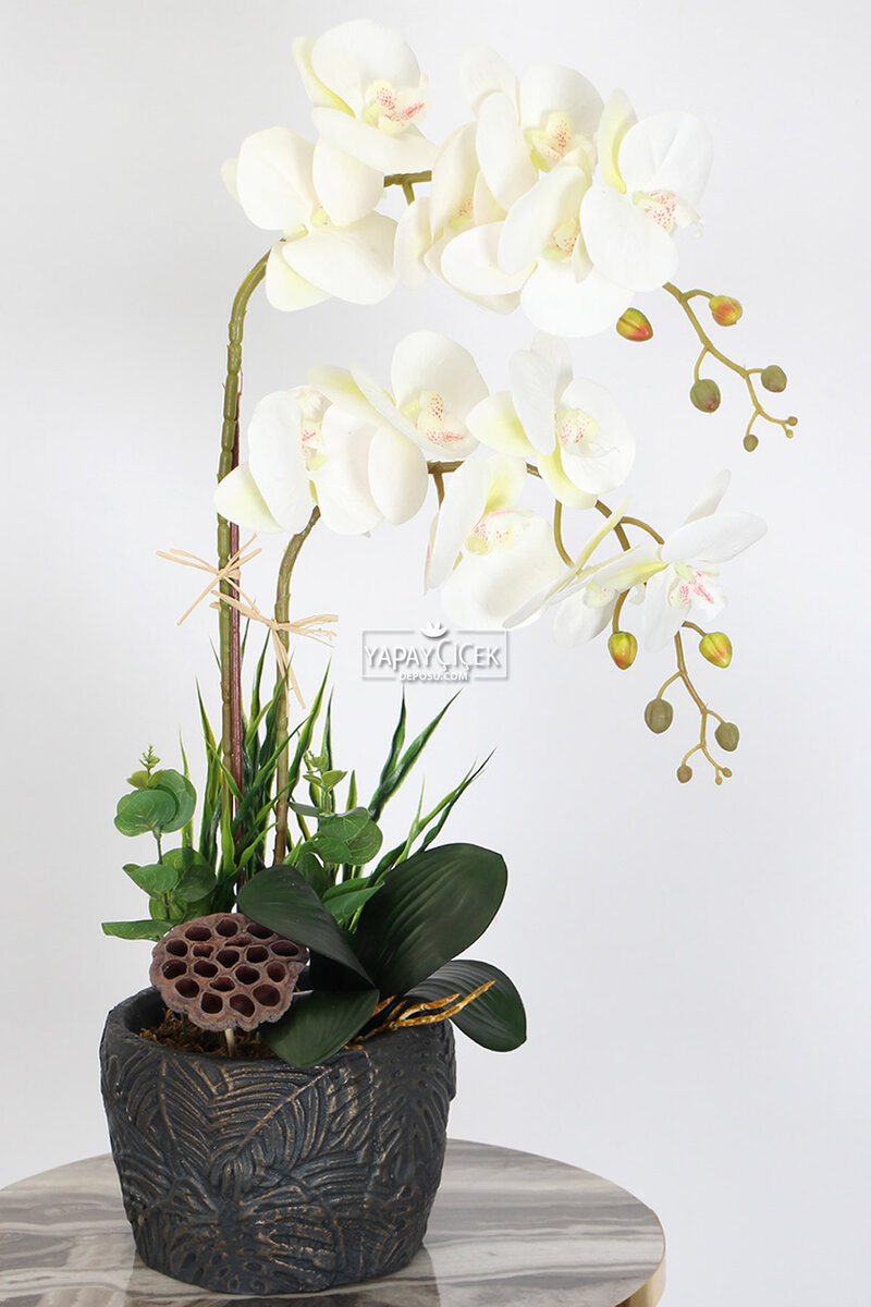 Vintage Kabartmalı Saksıda Yapay Orkide Tanzimi 65 cm Borneo
