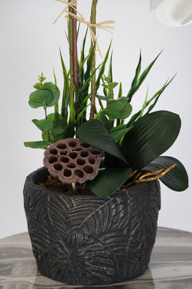 Vintage Kabartmalı Saksıda Yapay Orkide Tanzimi 65 cm Borneo - Thumbnail
