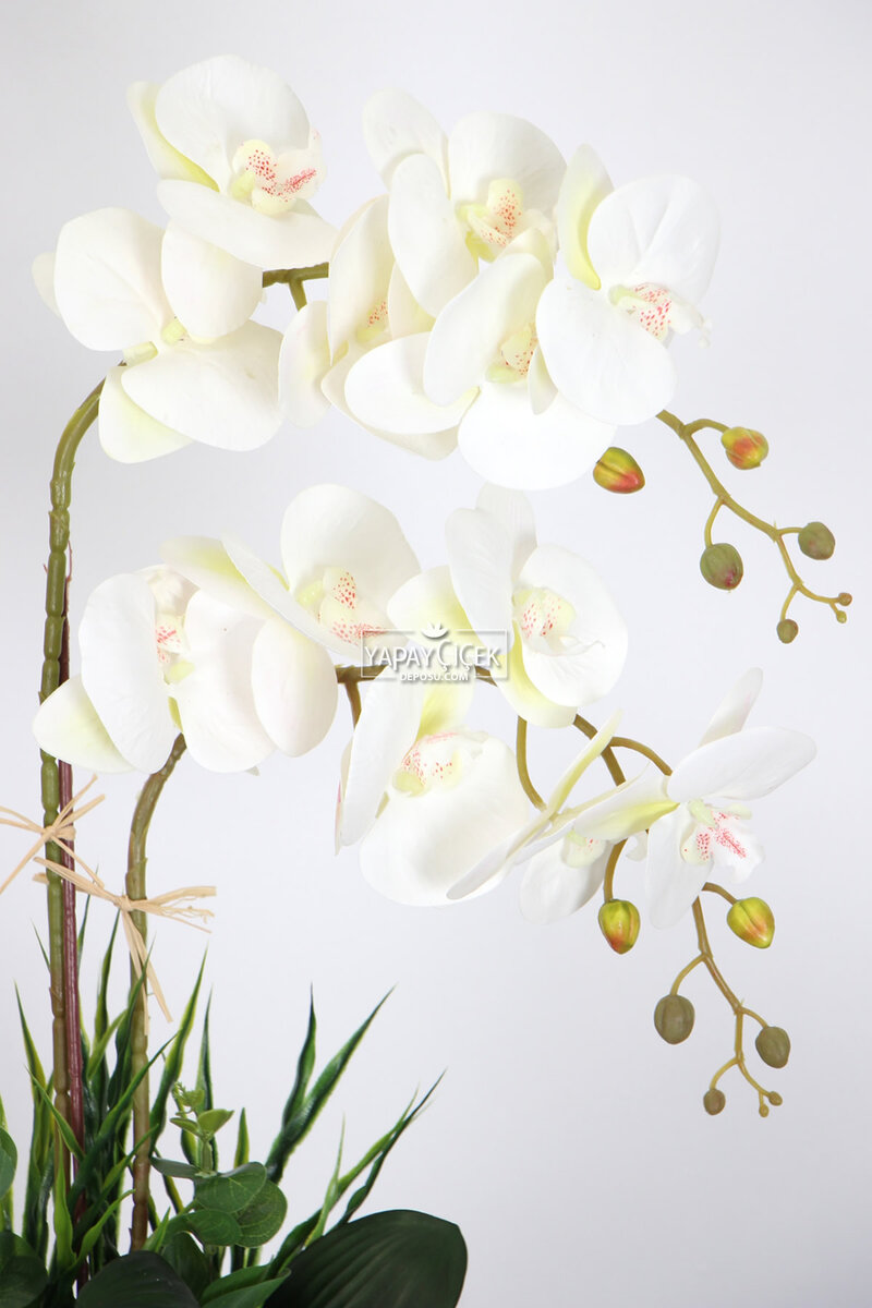 Vintage Kabartmalı Saksıda Yapay Orkide Tanzimi 65 cm Borneo