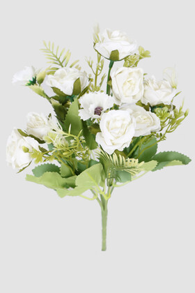 Yapay Çiçek Deposu - Yapay Yeşillikli Gül Demeti 30 cm Beyaz