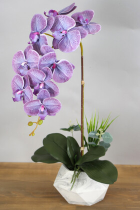 Yapay Çiçek Deposu - Beton Saksıda Yapay Baskılı Islak Orkide 55 cm Mor