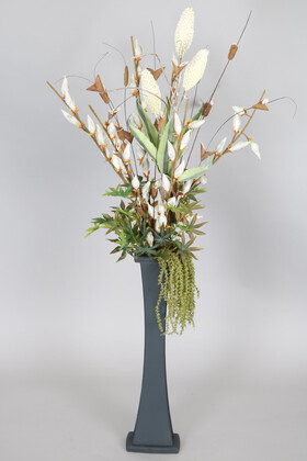 Yapay Çiçek Deposu - Ahşap Vazoda Tropik Ve Yapay Bitki Aranjmanı 125 cm
