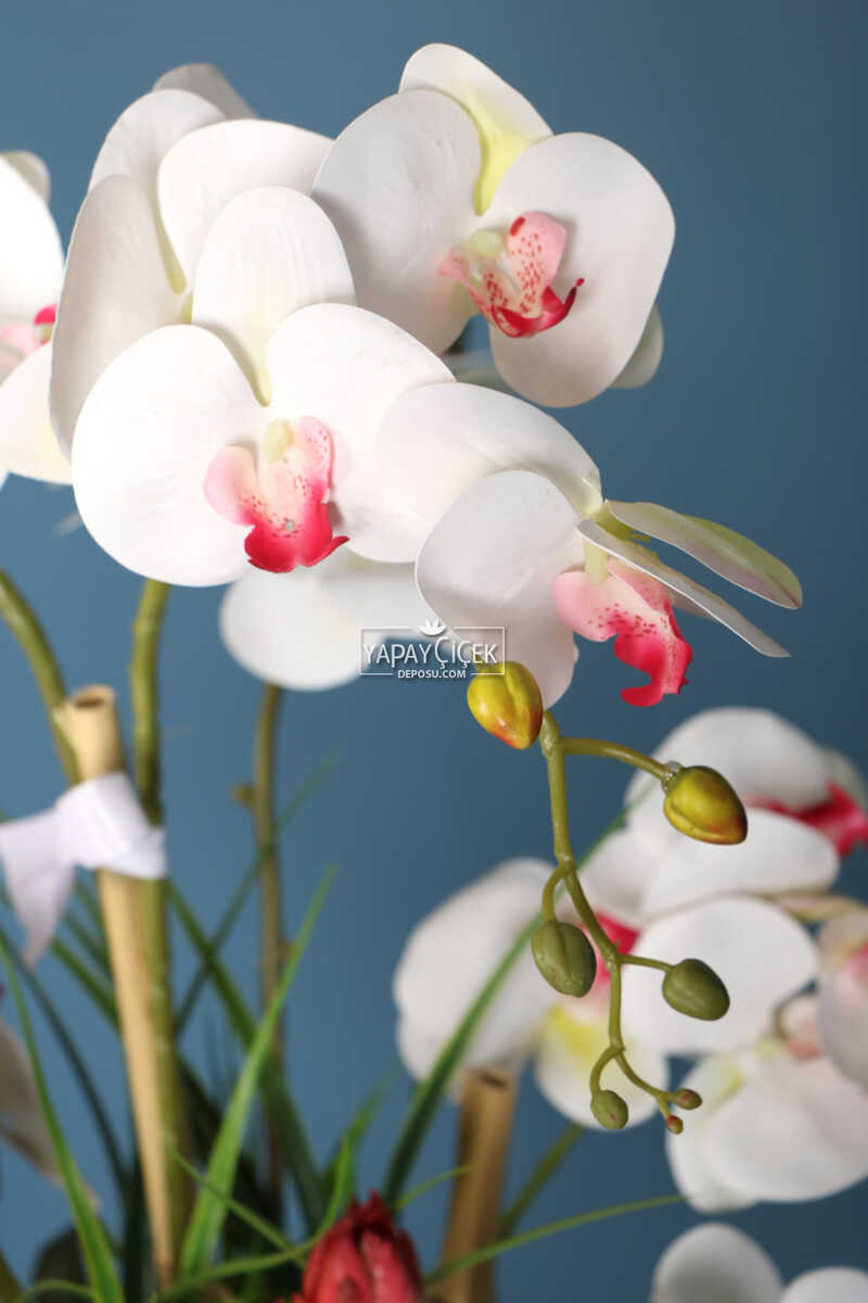 Metal Kabartmalı Silver Saksıda Yapay Orkide Aranjmanı Beyaz-Pembe