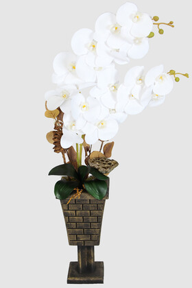 Yapay Çiçek Deposu - Vintage Ahşap Vazoda Yapay Orkide Tanzimi 77 cm