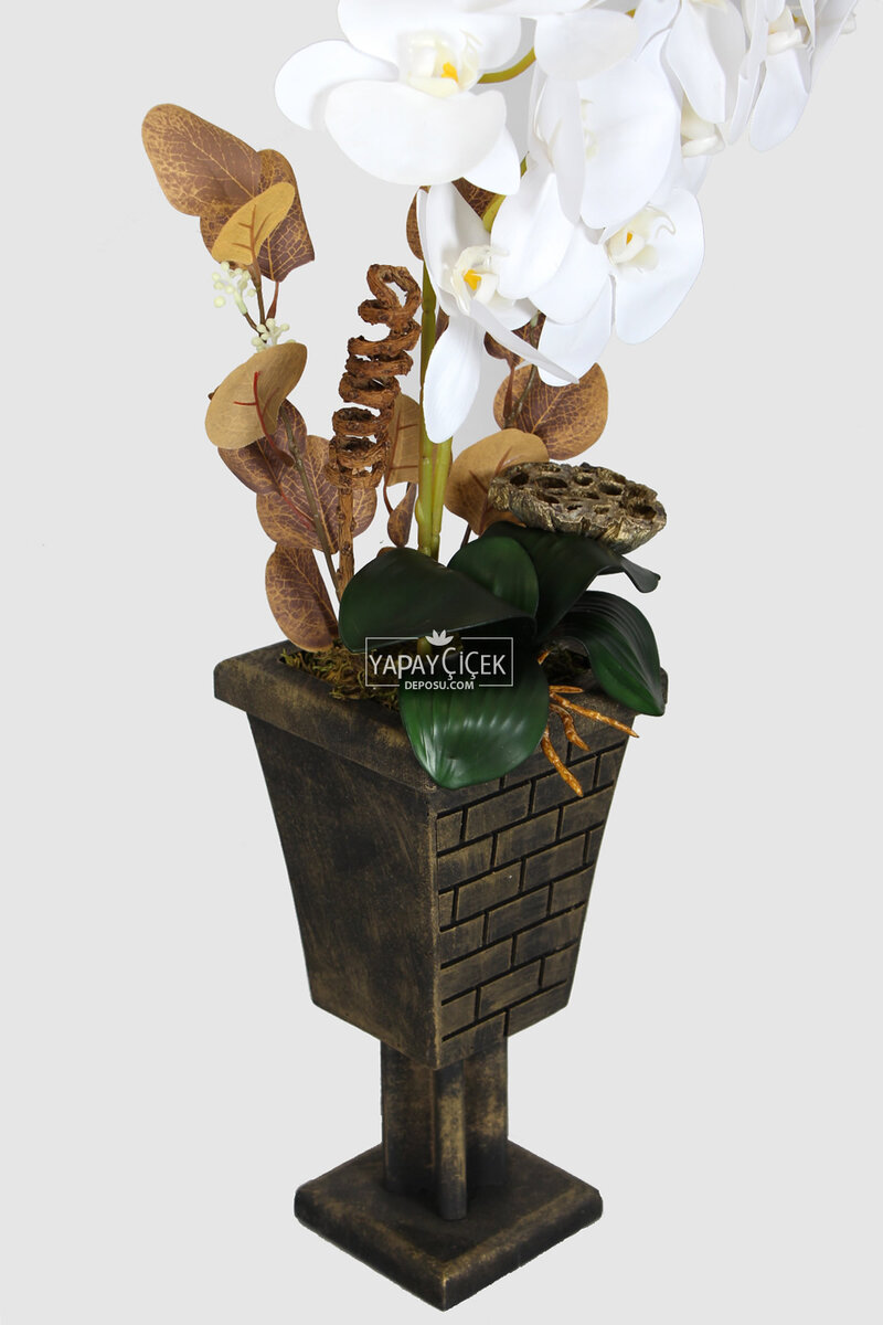 Vintage Ahşap Vazoda Yapay Orkide Tanzimi 77 cm