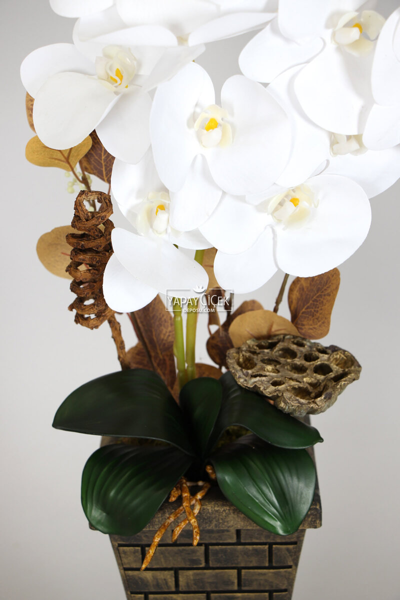 Vintage Ahşap Vazoda Yapay Orkide Tanzimi 77 cm