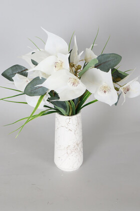 Yapay Çiçek Deposu - Mermer Desenli Lüks Vazoda Müjde Çiçeği Tanzimi Beyaz