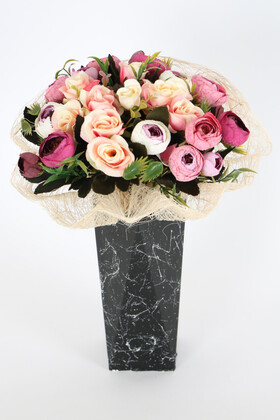 Yapay Çiçek Deposu - Mermer Desenli Prizmatik Siyah Vazoda Şakayık Gül 33 cm (Ranya)