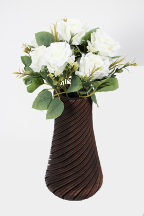 Yapay Çiçek Deposu - Lüx Eskitme Beton Sipiral Vazoda Beyaz Gül Buketi 35 cm