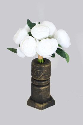 Yapay Çiçek Deposu - Ahşap Vazolu 7li Şakayık Gül Buketi 30 cm Beyaz
