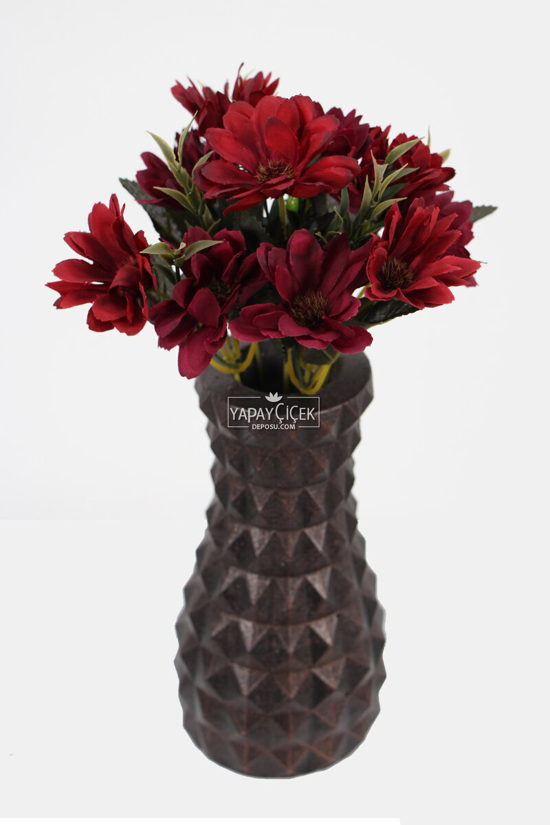 Lüx Beton Vintage Vazoda Yapay Papatya Dekoru 30 Cm Bordo