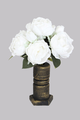Yapay Çiçek Deposu - Ahap Vazolu 10lu Kuru Model Tomurcuklu Gül Buketi 33 cm Net Beyaz