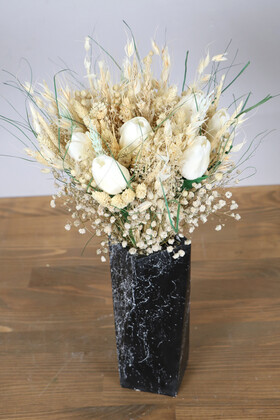 Mermer Desenli Prizmatik Siyah Vazoda Kuru Çiçek Yapay Lale Krem Tonlar - Thumbnail