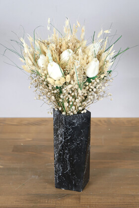 Yapay Çiçek Deposu - Mermer Desenli Prizmatik Siyah Vazoda Kuru Çiçek Yapay Lale Krem Tonlar