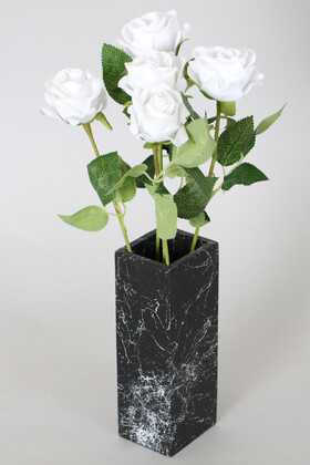 Yapay Çiçek Deposu - Mermer Desenli Siyah Vazoda 5 Dallı Kadife Gül Demeti Beyaz 40 Cm