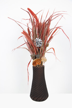 Yapay Çiçek Deposu - Spiral Vazolu Karışık Kuru Çiçek Tanzimi Kızıl Model