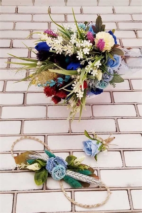 Yapay Çiçek Deposu - Vega Saks Mavi Büyük Kuru Çiçek Gelin Buketi 3lü Set