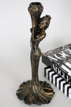 Dekoratif Şamdan Biblo Heykel 37 cm Vintage Gold - Thumbnail