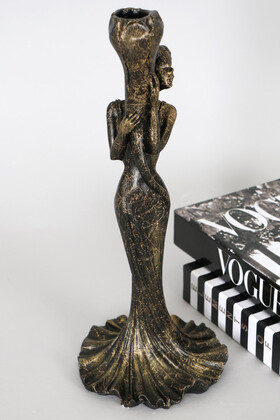 Dekoratif Şamdan Biblo Heykel 37 cm Vintage Gold - Thumbnail