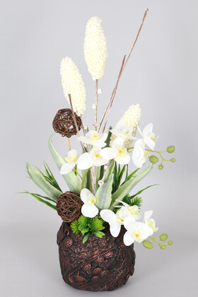 Yapay Çiçek Deposu - Vintage Kabartmalı Saksıda Yapay 12 Kandilli Orkide 57 cm Beyaz