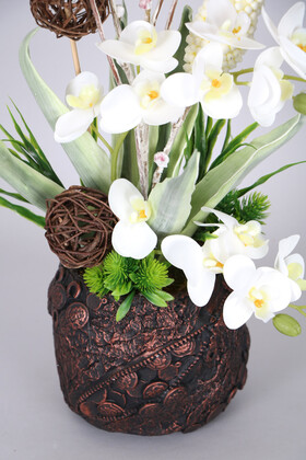 Vintage Kabartmalı Saksıda Yapay 12 Kandilli Orkide 57 cm Beyaz - Thumbnail