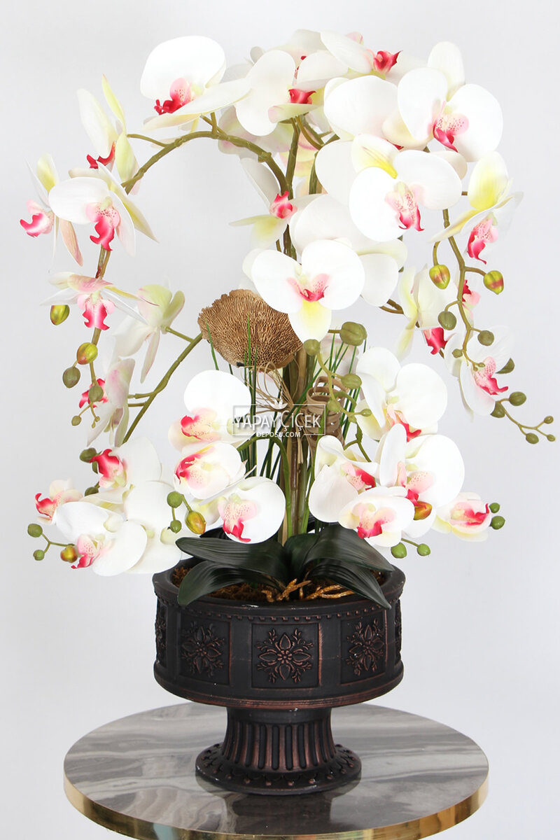 Vintage Kabartmalı Saksıda Yapay 12 Dal Orkide Tanzimi 63 cm Palace
