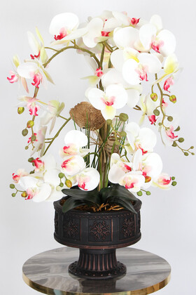 Yapay Çiçek Deposu - Vintage Kabartmalı Saksıda Yapay 12 Dal Orkide Tanzimi 63 cm Palace