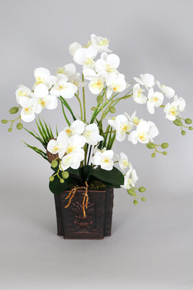 Yapay Çiçek Deposu - Vintage Kabartmalı Saksıda 36 Kandilli Mini Yapay Islak Orkide Tanzimi 50 cm
