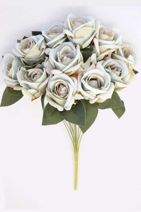 Yapay Çiçek Deposu - Yapay 11 Güllü Pastel Demet 50 cm Mint Yeşili