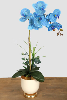 Yapay Çiçek Deposu - Metal Krem-Gold Saksıda Exclusive Islak Yapay Orkide Mavi